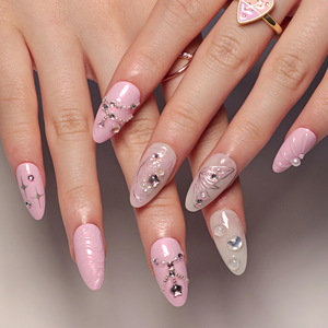 Ongles artificiels 3D rose sirène, forme amande, avec décorations étoiles, coquillages et strass, réutilisables, pour femmes - Product Image 2