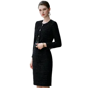 professional fashion suits supplier polyester tweed fabric tweed set two piece women black tweed jacket skirt suit