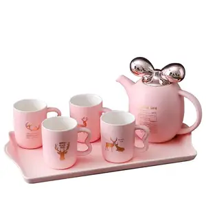 Wholesale luxury gift custom Large Golden Bowknot 6 Pcs Pink Ceramic Tea Set