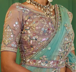 Made of Premium Quality Multi Colour Bridel <strong>Net</strong> Fabric Full Flaire Semi-Stitched <strong>Lehenga</strong> With Gotapatti and Sequins - Product Image 1