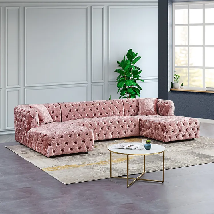 Wholesale Apartment U seating Shaped Chaise Living Room Furniture Sectional Buttons Tufted Velvet Sofa Set