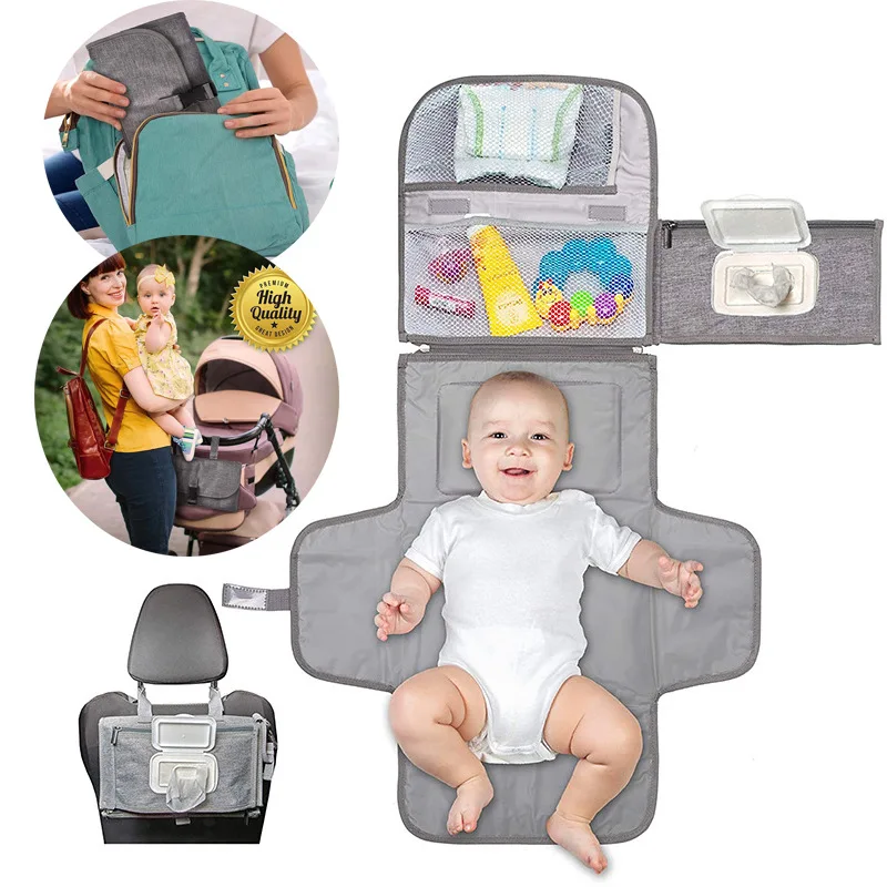 Waterproof Travel Changing Kit Newborn Baby Gift Portable Baby Diaper Stackers Caddies Changing Pad with Smart Wipes Pocket