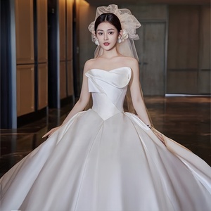 Cheap Maternity Modern Wedding <strong>Dress</strong> <strong>Bridal</strong> Gown Floor-Length A-Line Sleeveless 100% Polyester Fabric White Gold Simple Modest - Product Image 2