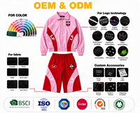 Set Jaket dan Celana Pendek Pria Warna Pink Merah Custom, Ritsleting Penuh, Panel Kontras, Pinggang Elastis, Pakaian Olahraga Retro, Streetwear