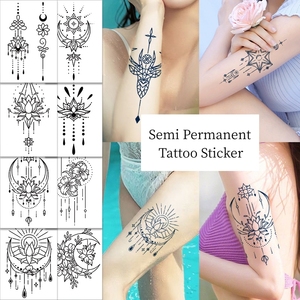 Pegatina de tatuaje de simulación de hierbas de <span class=keywords><strong>flor</strong></span> geométrica azul oscuro 2 semanas arte corporal semipermanente temporal - Product Image 3