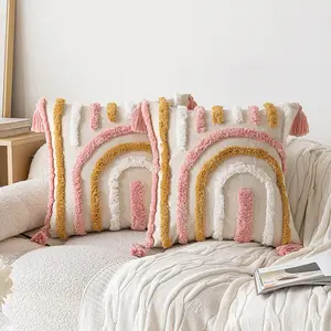 Sinyoo yüksek kalite püsküllü tekstil ofis koltuğu ev dekorasyon pembe kanepe yastığı yastık kare 45x45