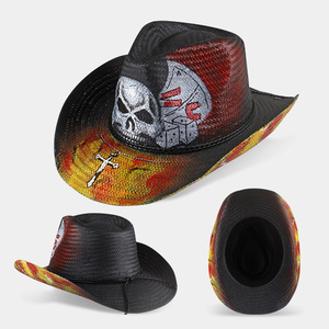 Sombrero de <span class=keywords><strong>Vaquero</strong></span> Personalizado con Diseño de Calavera y Cruz Pintados, Ala Moldeable, Estilo Occidental - Product Image 1