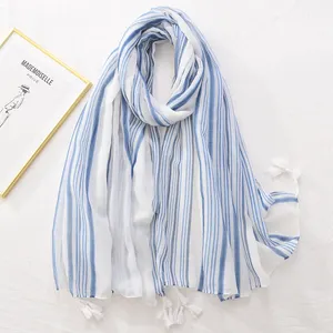 Wholesale 2022 New Custom Ladies Japanese Style Blue And White Striped Scarf Women's Cotton Scarves Long Soft Cotton Voile Shawl