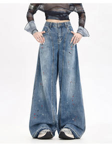 <span class=keywords><strong>Jeans</strong></span> Larghi da <span class=keywords><strong>Donna</strong></span> Personalizzati in Denim di Cotone Scuro Effetto Invecchiato, Vita Alta, Gamba Larga, Stile Retrò Streetwear con Bottoni e Curve - Product Image 2