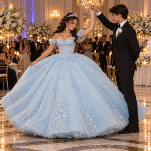 Lsdz023-Pz Charming Powder <b>Blue</b> Cold Shoulder Pleated Cap Sleeve Embroidered Leaf Lace <b>Ball</b> <b>Gown</b> Quinceanera Dress Jancemebr - Product Image 1