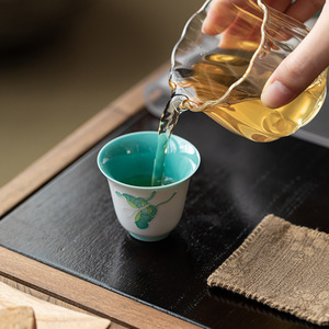Guanlan Hand Painted Butterfly Flower <b>Teacup</b> Turquoise Green Ceramic Tasting Cup For Afternoon Tea New Chinese Style - Product Image 3