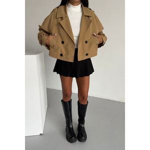 ASTARLI Gabardina Vintage de Doble Botonadura para Mujer, Diseño Estampado Impermeable de Algodón Vaquero Color Camel, Larga y Corta para Primavera y Otoño - Product Image 1