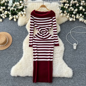 Robe midi moulante en maille pour femme - Col <span class=keywords><strong>carré</strong></span> épaules dénudées, taille empire côtelée, décontractée pour la nuit - Product Image 5