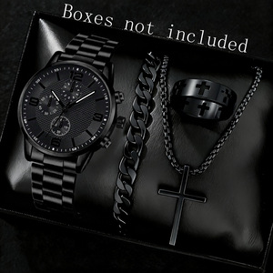 Lp170 Set di 4 Orologi da Uomo, <span class=keywords><strong>Orologio</strong></span> al Quarzo Classico con Tre Quadranti, Bracciale, <span class=keywords><strong>Collana</strong></span> e Anello, Regalo Perfetto per Uomini - Product Image 3