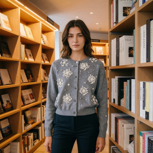 Cardigan personnalisé chaud et décontracté pour femme, coupe ajustée, tricoté, col perlé, manches classiques, broderie, boutons, Spandex/Coton, pour automne-hiver - Product Image 2