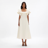 Nuevo Vestido de Fiesta Elegante de Moda para Mujer, Color Blanco Hueso, Cuello Cuadrado, Manga con Volantes, Adorno de Perlas, Corte en A, Crepé, Largo Midi, Personalizado