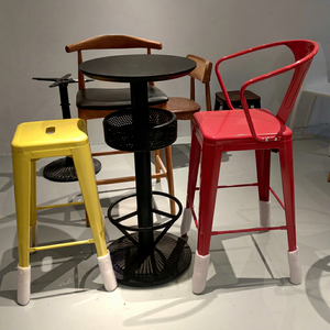 Industrial Metal Teak Wood Outdoor <b>Table</b> Set <b>with</b> Red and Yellow <b>Stools</b> Waterproof Contemporary Design for Patio Garden Use - Product Image 1
