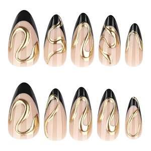 Uñas Postizas de Estilo Francés, Color Negro, <span class=keywords><strong>con</strong></span> Diseño Artístico Dorado en 3D, para <span class=keywords><strong>Manicura</strong></span>, Uñas a Presión - Product Image 2