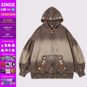เสื้อฮู้ดดี้ผู้ชายสไตล์แฟชั่นอัลเทอร์เนทีฟ ลายดอกไม้ปักแบบไล่สี แต่งลูกปัด มีเชือกผูก ปรับได้ สวมใส่สบาย สไตล์สตรีทแวร์ ระบายอากาศได้ดี แฟชั่นแนวสตรีทไฮเอนด์ - Product Image 1