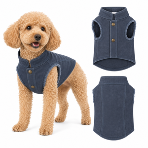 Stand Collar Fringed Edge Sleeveless <b>dog</b> denim pet clothes vest oem pet clothes Metal <b>Button</b> Vintage Denim Vest - Product Image 1
