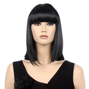 ST Guangzhou Grosir Wig Rambut Sintetis Siswa Tebal Poni Wig Pendek Hitam Wig Rambut Sintetis Lurus