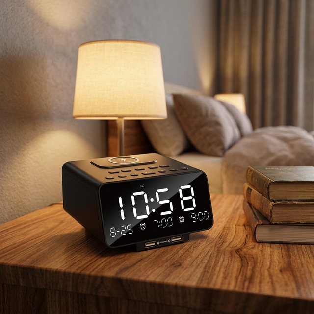 EASTON Matt Black Speaker Alarm Clock for Hotel with Dual USB Charging Ports Remote Control & Dimmable LCD Display