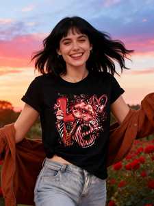 T-shirt con stampa Love Letter da donna, manica corta, girocollo, top casual, 100% cotone jersey, moda primavera estate - Product Image 3