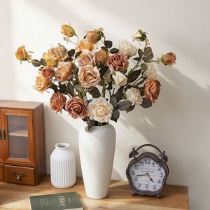 CallaFloral Roses Artificielles 3 Têtes Style Rose Brûlée Séchée Décorations de Mariage Tige Unique Tissu Pan Weaving Jaune Vert - Product Image 1