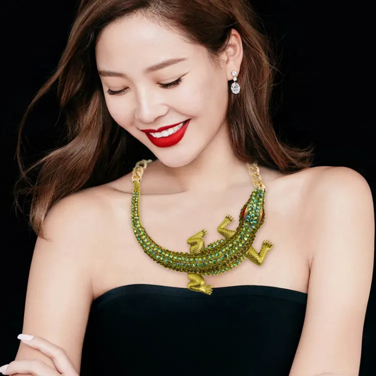Bincho European And American Fashion 14K Gold Plated Crocodile Red Ruby Rhinestone Pendant Necklace Choker For Women
