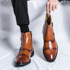 Bottines Chelsea pour hommes, bout carré, cuir véritable, sangle à boucle, motif uni, semelle extérieure en caoutchouc résistante à l'abrasion, automne - Product Image 1