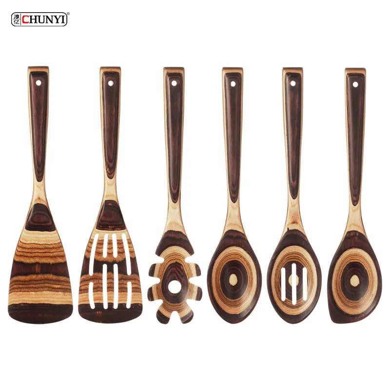 Utensili in legno a colori Set da 6 pezzi Pakka utensile da cucina in legno cucchiaio spatola Spaghetti Server