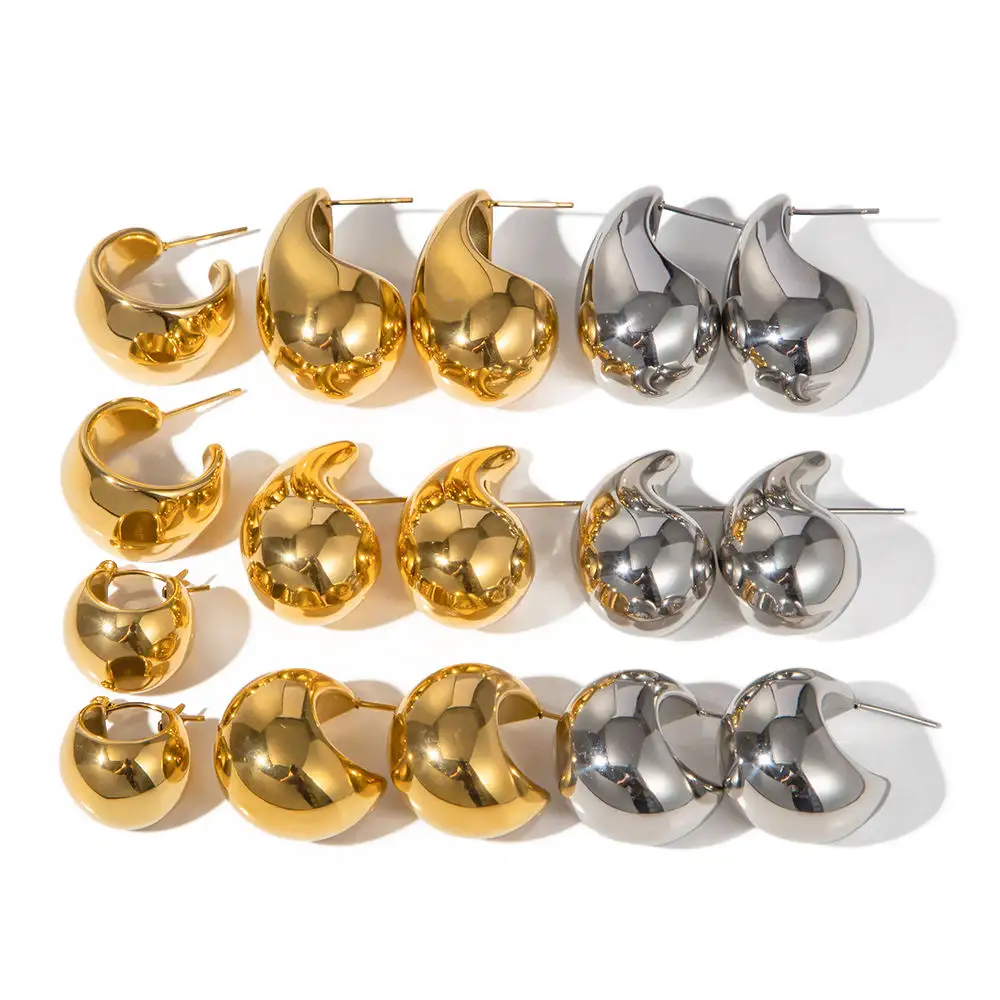 Trendy 18K Gold Plated Stainless Steel Hollow Chunky Earrings Jewelry Waterdrop Stud TearDrop Statement Earrings for Girls