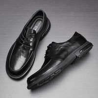 Chaussures décontractées en cuir à lacets pour hommes, style uni, printemps-été-automne, noires, respirantes, style jeune, semelle plate, chaussures de ville