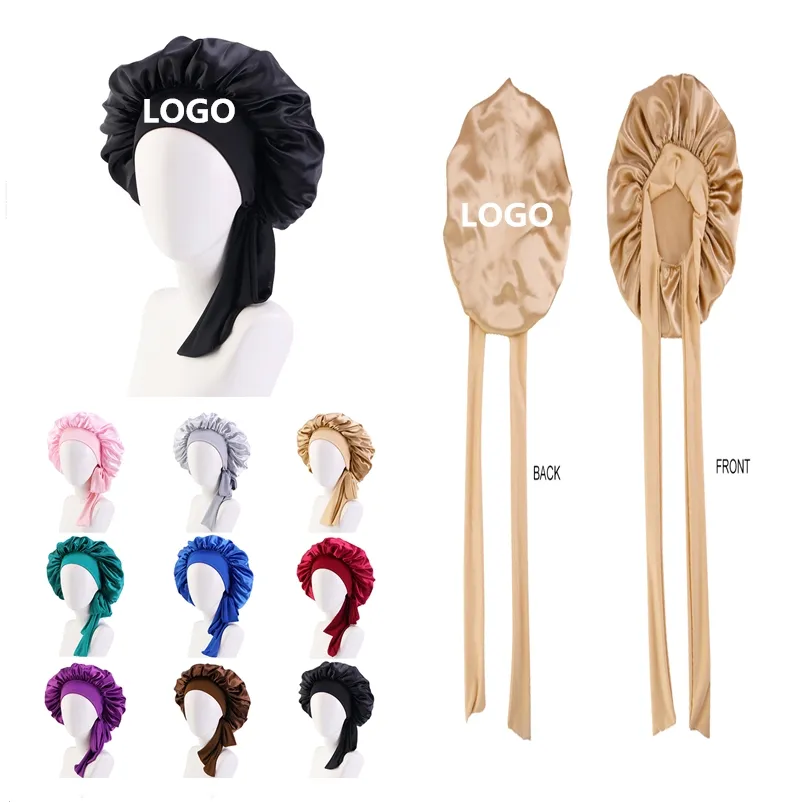 Bonnet de cheveux en Satin de soie réglable avec Logo personnalisé, grande bande de bord de cravate, Bonnets de cheveux de sommeil, Bonnets de cheveux en Satin avec Logo personnalisé