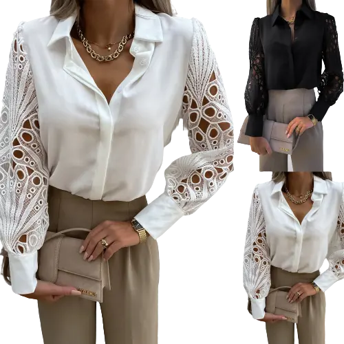 Hollow Out Lace Blouse Shirt Summer Long Sleeves Solid Casual Fashion women blouses 2022 Turn-down Collar Blouses and Shirts New
