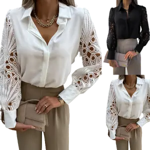 Ажурная кружевная блузка, летняя однотонная Повседневная модная женская блузка с длинным рукавом, блузки и рубашки с отложным воротником, новинка 2022