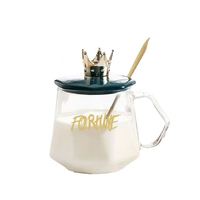 Tasse à eau Crown avec couvercle, tasse en verre de bureau avec cuillère