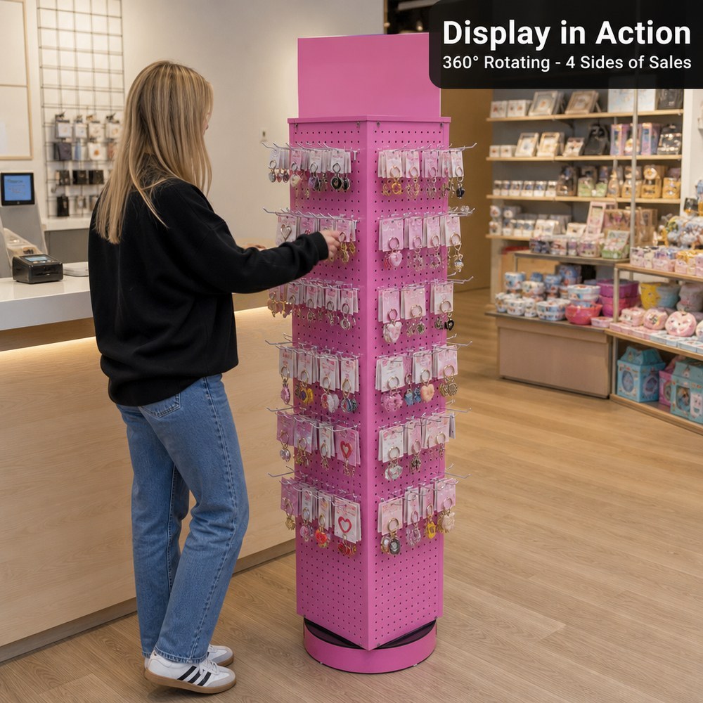 Wholesale Custom 4-Side Rotating Metal Pegboard Display Rack Floor Standing Rotary Stand Retail Shop Display Merchandising OEM — view 2