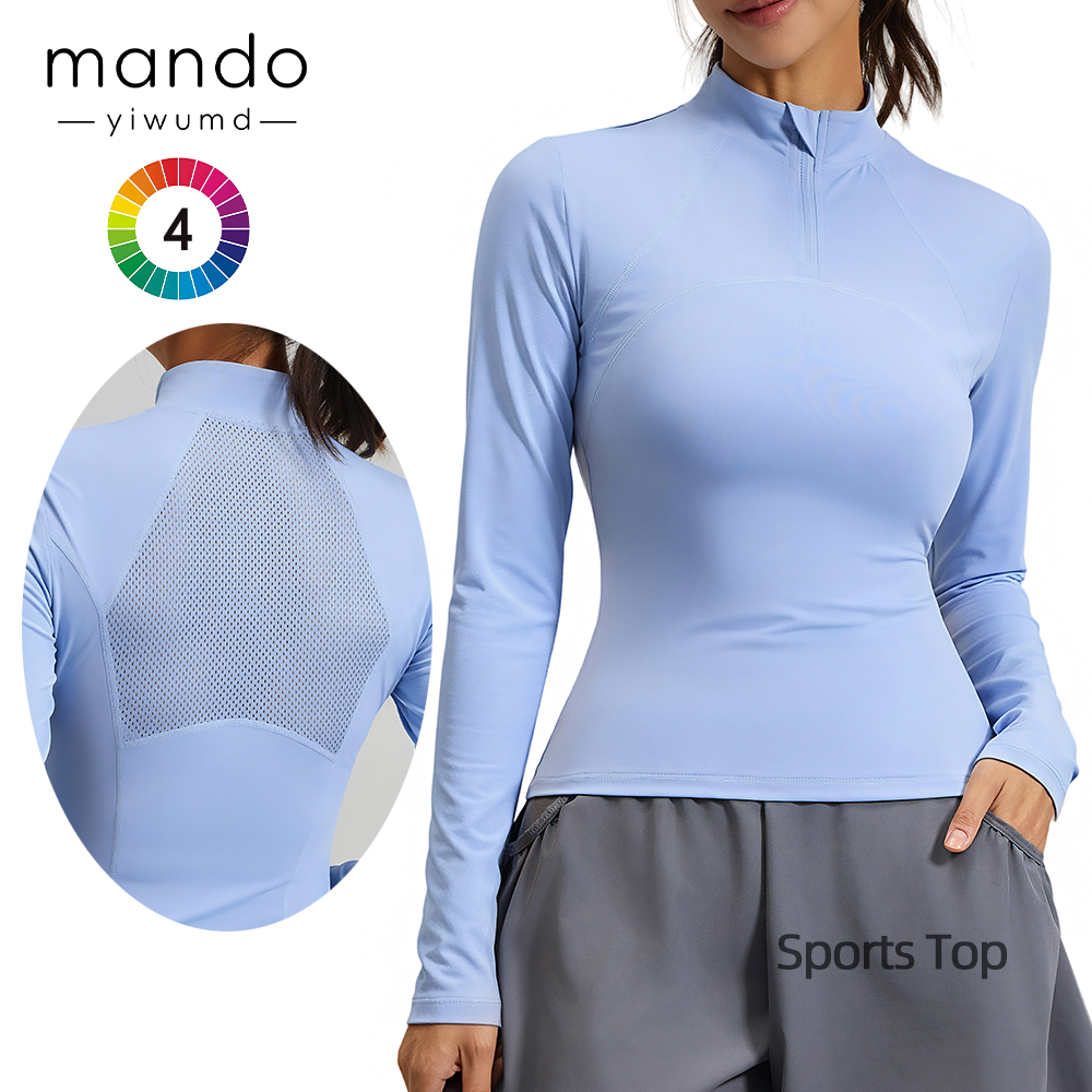 Women's Half Zip Stand Collar Back Mesh Breathable Sports Top Quick Dry Long Sleeve Workout Top