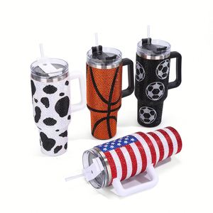 Customizable Portable Stainless Steel Insulated Bling Rhinestone Cow Print 40Oz Mug Cups Tumbler With Handle and <b>Straw</b> - Product Image 4