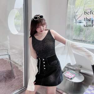 N7992 Camiseta sin mangas de punto con cuello en V para mujer, color liso, talla grande, tacto seda helada, rosa bebé, azul Nilo, cielo estrellado, negro obsidiana - Product Image 5