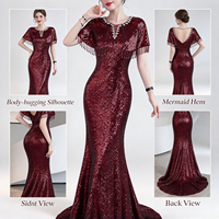Robe de soirée sirène bordeaux à sequins pour femme, col orné de strass, manches cape à pampilles, longue robe de cérémonie pour mariage, soirée ou bal de promo
