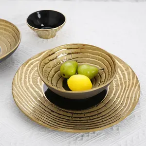 Service de vaisselle de Restaurant, assiettes et bols de Restaurant, rond noir or anneau annuel motif craquelé glaçage céramique porcelaine vaisselle