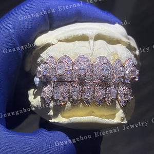 Kustom bagian atas bawah 8 10 S925 perak es keluar sempurna VVS potongan Oval Moissanite Lab berlian 10K 14K 18K padat mawar emas gigi Grillz - Product Image 2
