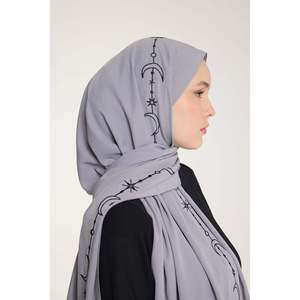 Crescent Weave <b>Embroidered</b> <b>Shawl</b> Grey Chiffon Women Breathable Islamic Scarf - Product Image 1