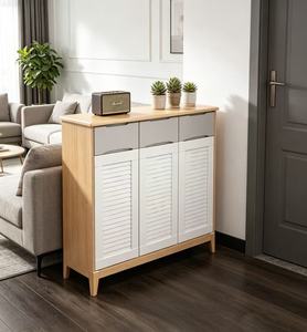 New Arrival Oak & <b>White</b> 3-Door Shoe <b>Cabinet</b> with Top Drawers & Ventilated Doors for Modern Entryway - Product Image 4