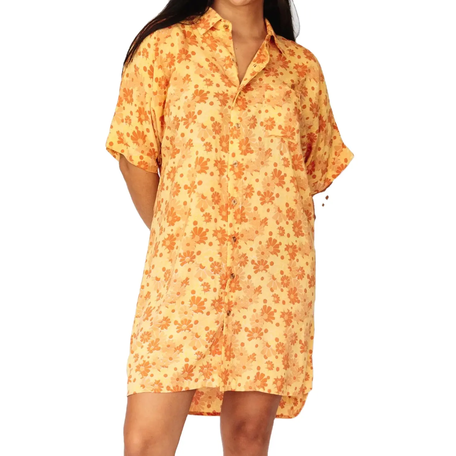 Hawaischer Stil Damen individuelles Design 100% Rayon-Hemd Kleid digitaler Blumentruck Dame Sommer kurze Ärmel Shirt Strandkleid