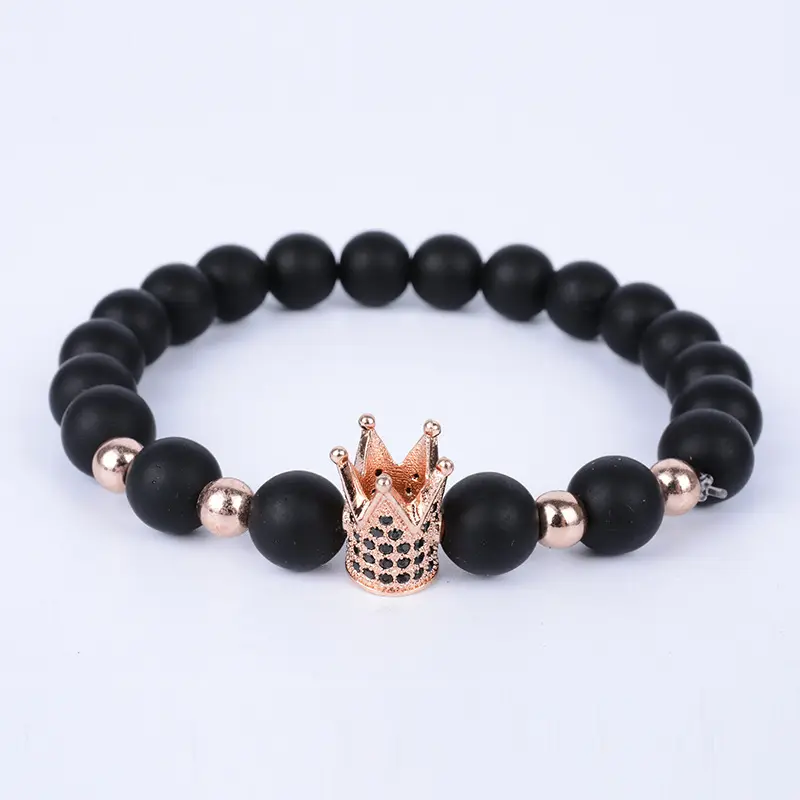 Wholesale Energy Healing Man Women Zircon Copper Alloy Crown 8MM Natural Lava Stone Beads Jewelry Stretch Bracelet