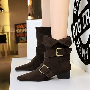 Botas de tacón de bloque para mujer con hebilla, tacón medio grueso, de ante sintético, estilo moda a media pantorrilla - Product Image 2