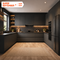 Meubles de cuisine modernes minimalistes noir mat avec éclairage LED, meubles de cuisine modulaires sur mesure, fourniture pour projets